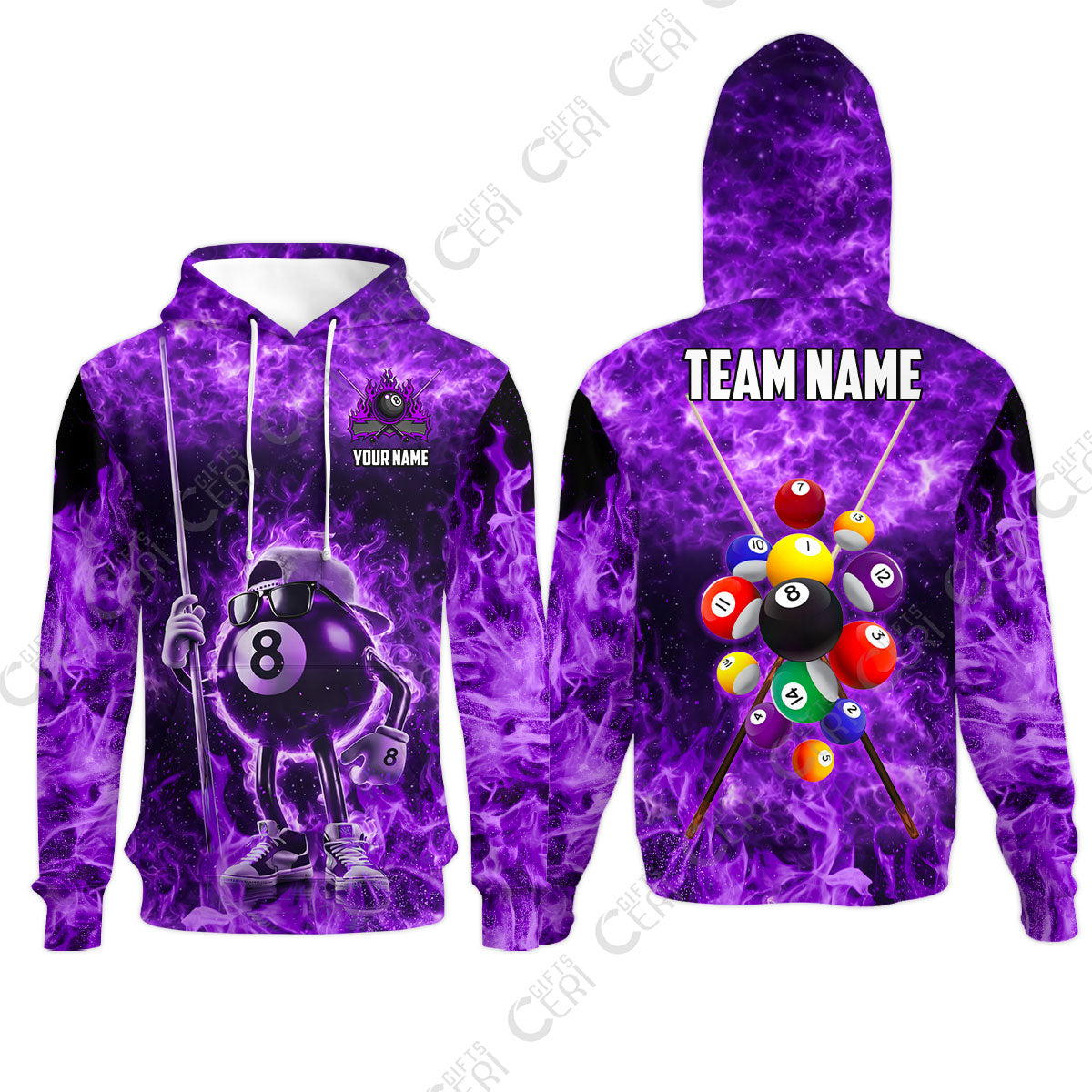 Customized 8 Ball Pool Hoodies, 8-Ball Wearing Cap And Sunglasses Flaming Burn, Billiard Jerseys