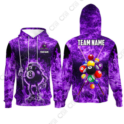 Customized 8 Ball Pool Hoodies, 8-Ball Wearing Cap And Sunglasses Flaming Burn, Billiard Jerseys