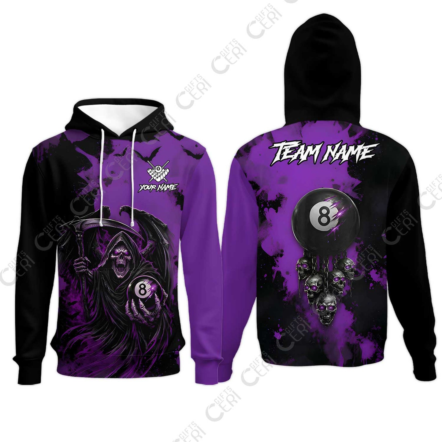 Customized 8 Ball Pool Hoodies, Billiard Death Skull Paint Splash, Billiards Jersey