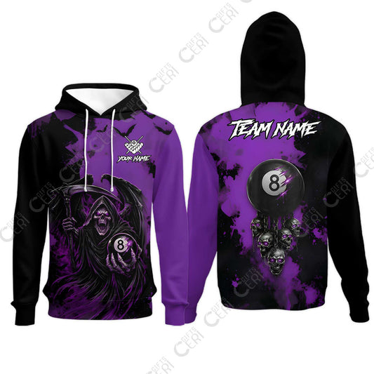Customized 8 Ball Pool Hoodies, Billiard Death Skull Paint Splash, Billiards Jersey