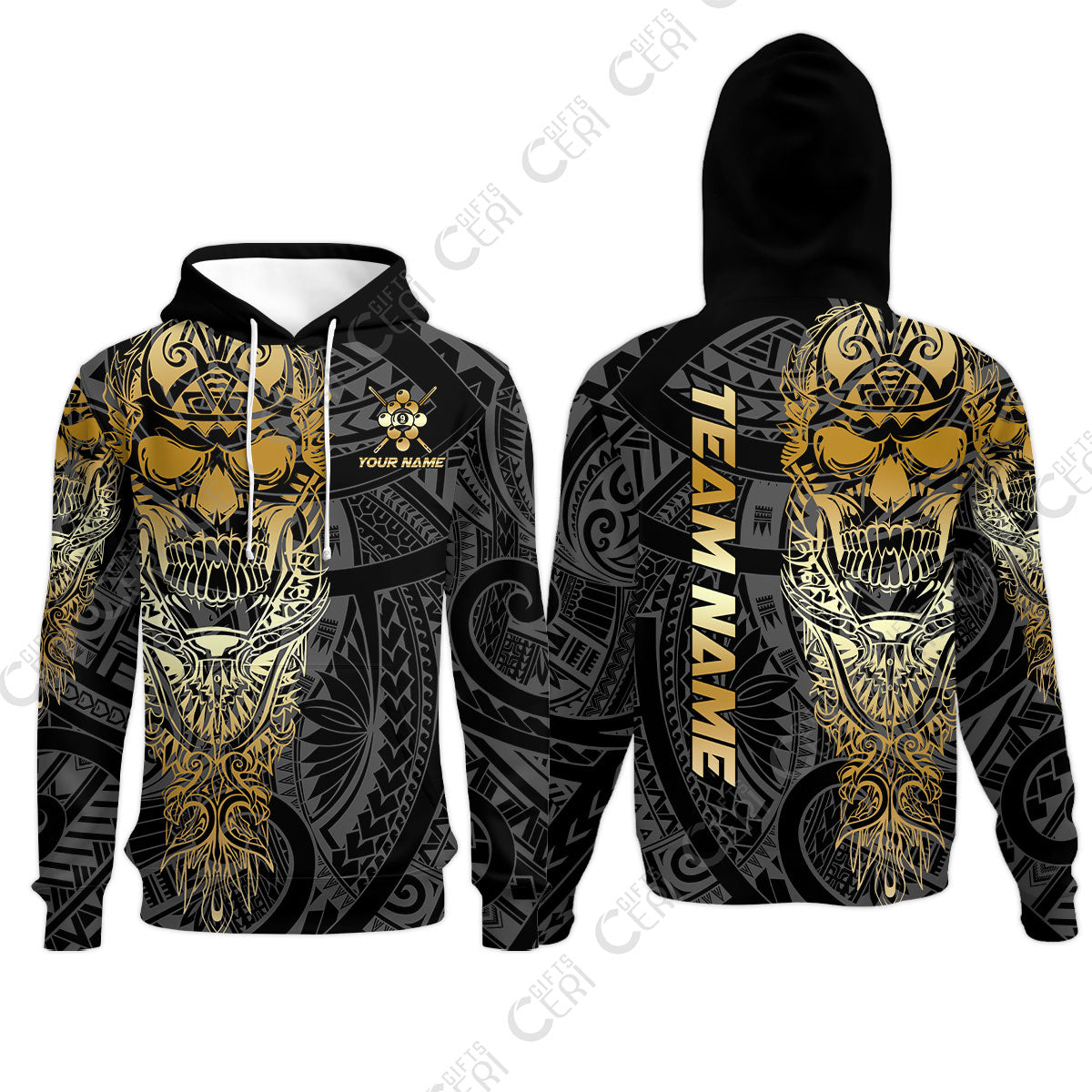 Customized 9 Ball Pool Hoodies, 9-Ball Billiard Ethnic Tribal Style Pattern, Billiards Jerseys