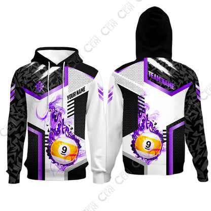 Customized 9 Ball Pool Hoodies, Flaming 9-Ball Graphic, Billiards Jersey