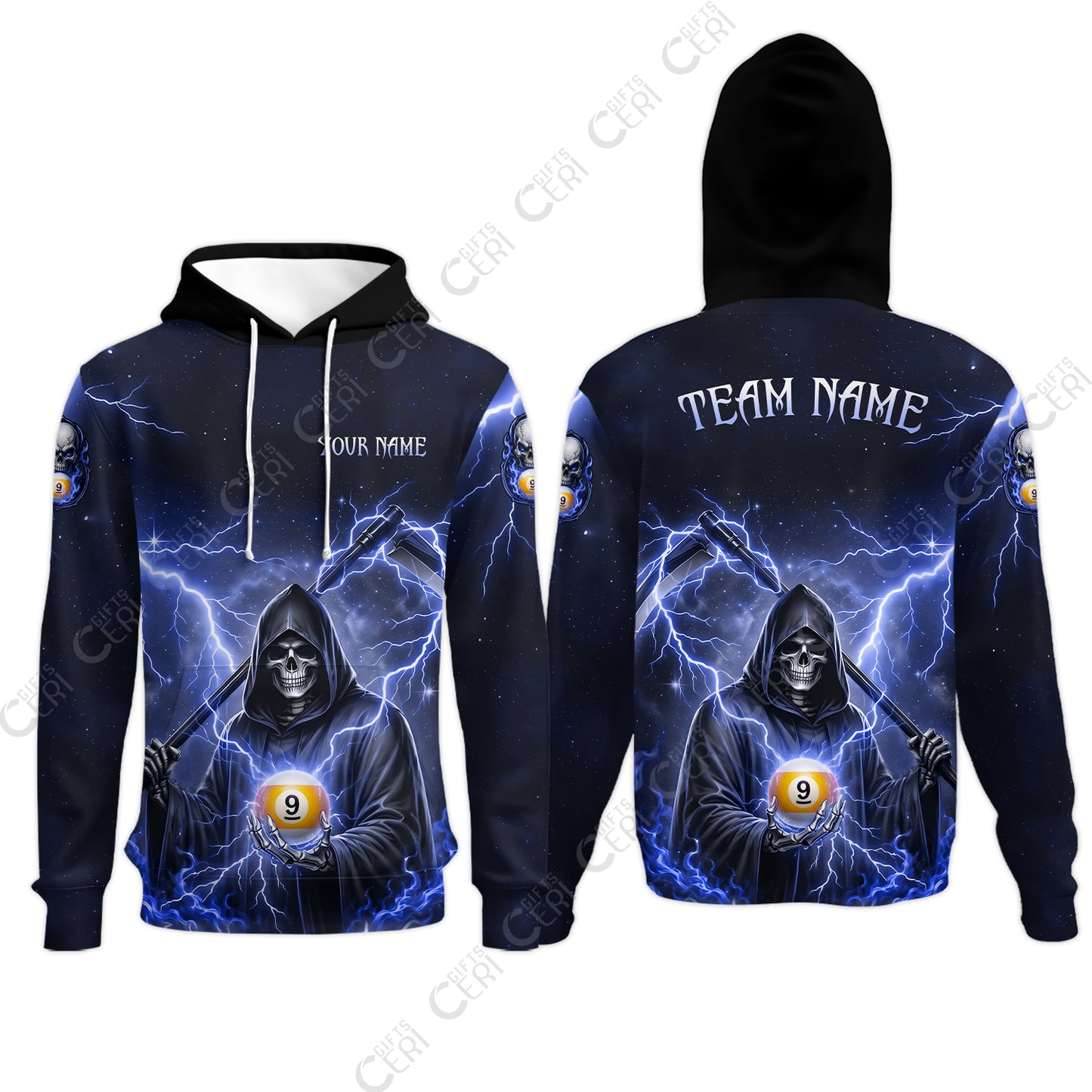 Customized 9 Ball Pool Hoodies, Lightning And Flame Grim Reaper With 9 Ball, Personalized Billiards Jersey