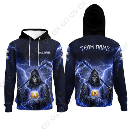 Customized 9 Ball Pool Hoodies, Lightning And Flame Grim Reaper With 9 Ball, Personalized Billiards Jersey
