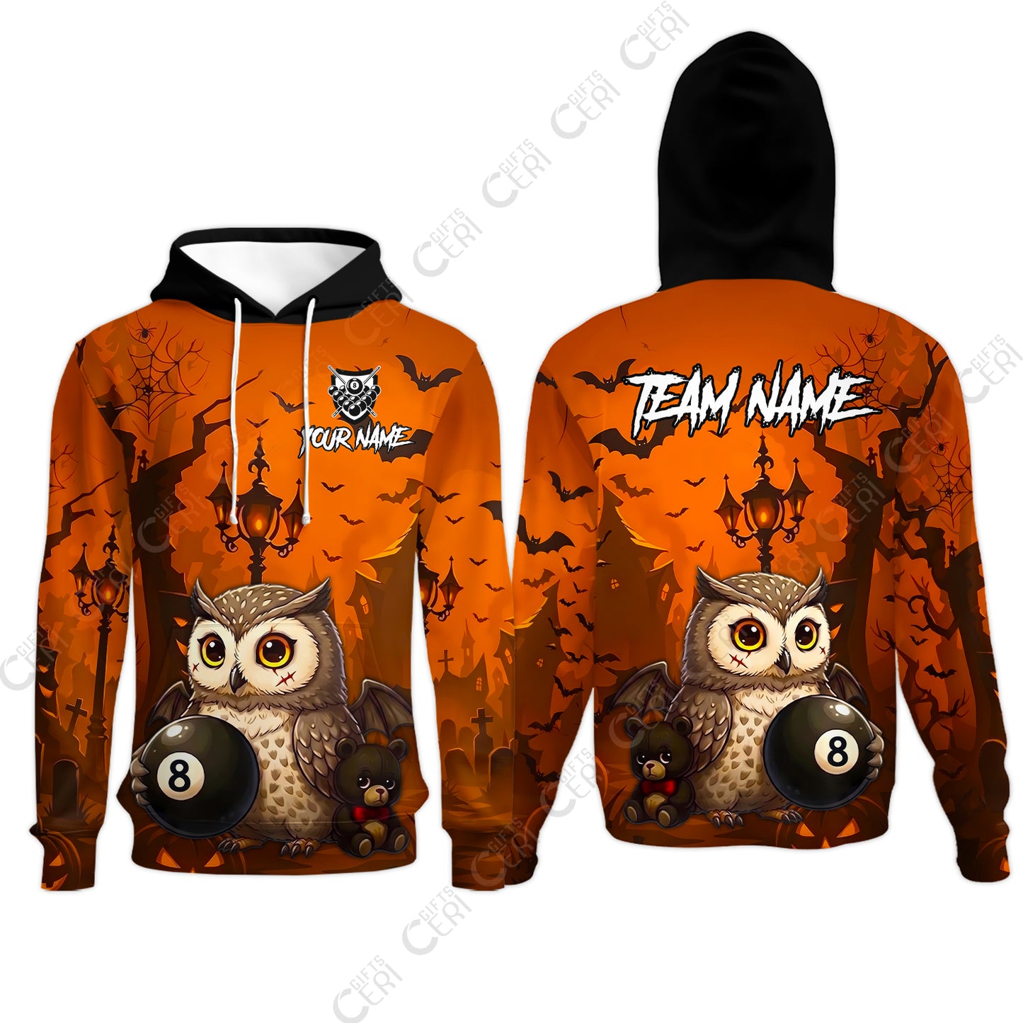 Customized 8 Ball Pool Hoodies, Halloween Owl Holding 8-Ball, Personalized Billiards Jersey