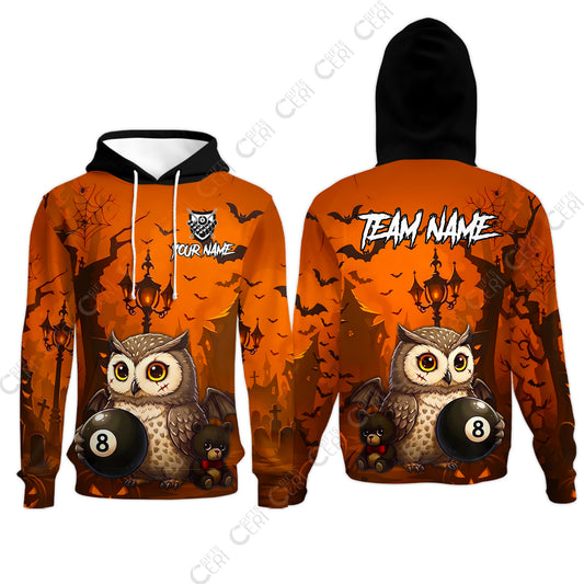 Customized 8 Ball Pool Hoodies, Halloween Owl Holding 8-Ball, Personalized Billiards Jersey