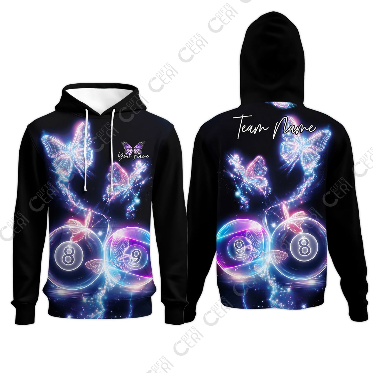 Customized Billiards Hoodies, 8 & 9 Ball Neon Butterfly Galaxy Jersey, Billiards Jerseys