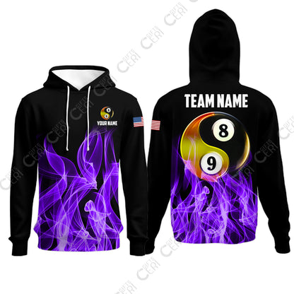 Customized Billiard Hoodies, Billiard 8-Ball And 9-Ball Yin-Yang Flame, Billiard Jerseys