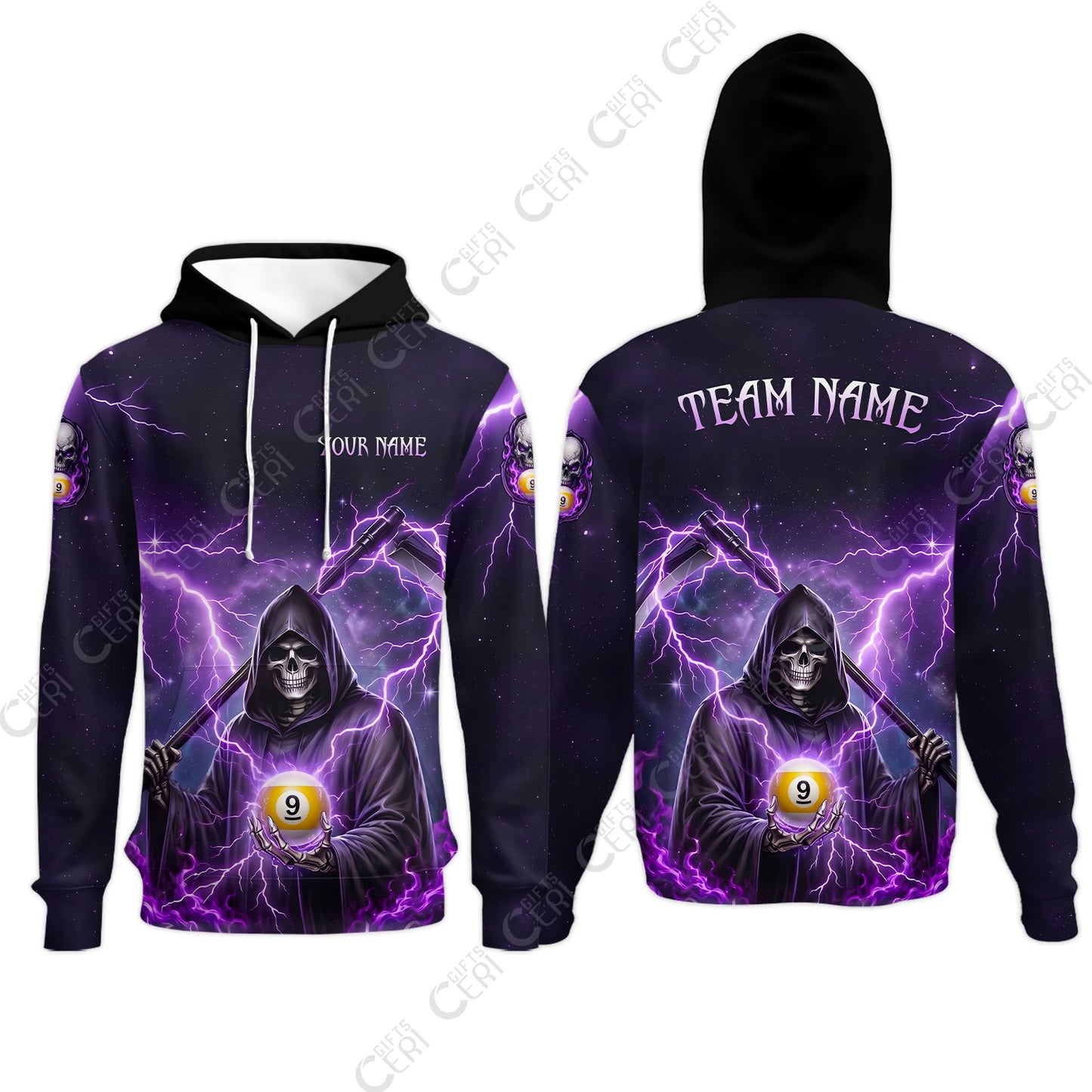 Customized 9 Ball Pool Hoodies, Lightning And Flame Grim Reaper With 9 Ball, Personalized Billiards Jersey