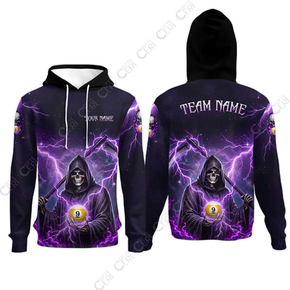 Customized 9 Ball Pool Hoodies, Lightning And Flame Grim Reaper With 9 Ball, Personalized Billiards Jersey