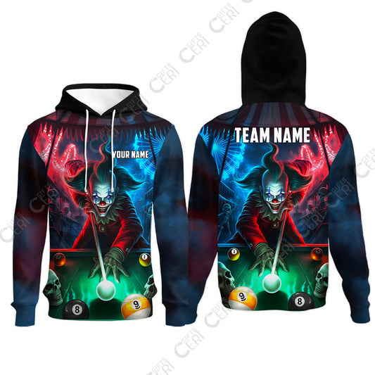 Customized Billiards Hoodies, 8 & 9 Ball Pool Nightmare Billiards Clown Jersey, Billiards Jerseys
