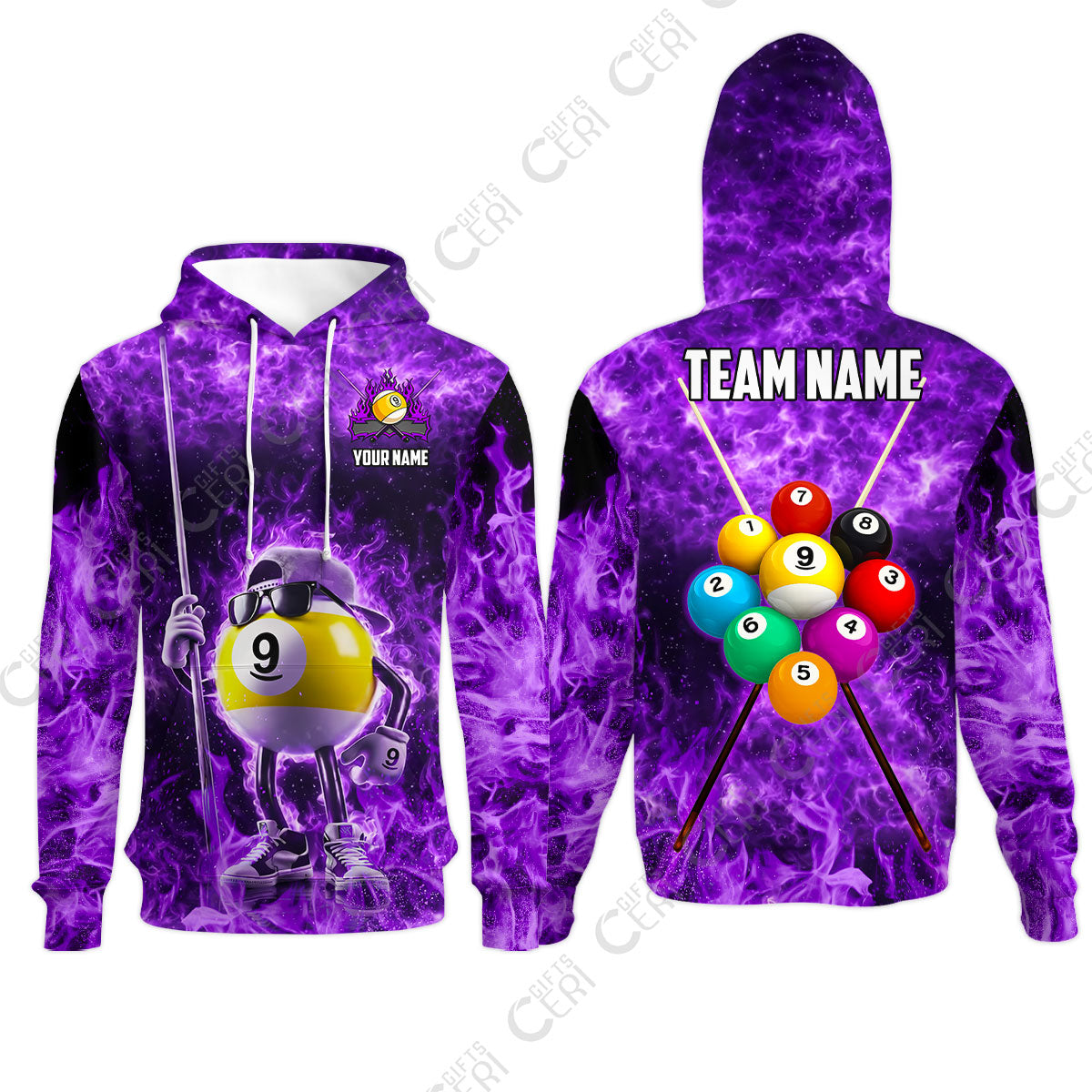Customized 9 Ball Pool Hoodies, 9-Ball Wearing Cap And Sunglasses Flaming Burn, Billiard Jerseys