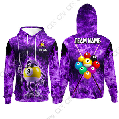 Customized 9 Ball Pool Hoodies, 9-Ball Wearing Cap And Sunglasses Flaming Burn, Billiard Jerseys