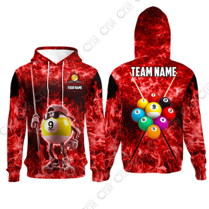Customized 9 Ball Pool Hoodies, 9-Ball Wearing Cap And Sunglasses Flaming Burn, Billiard Jerseys