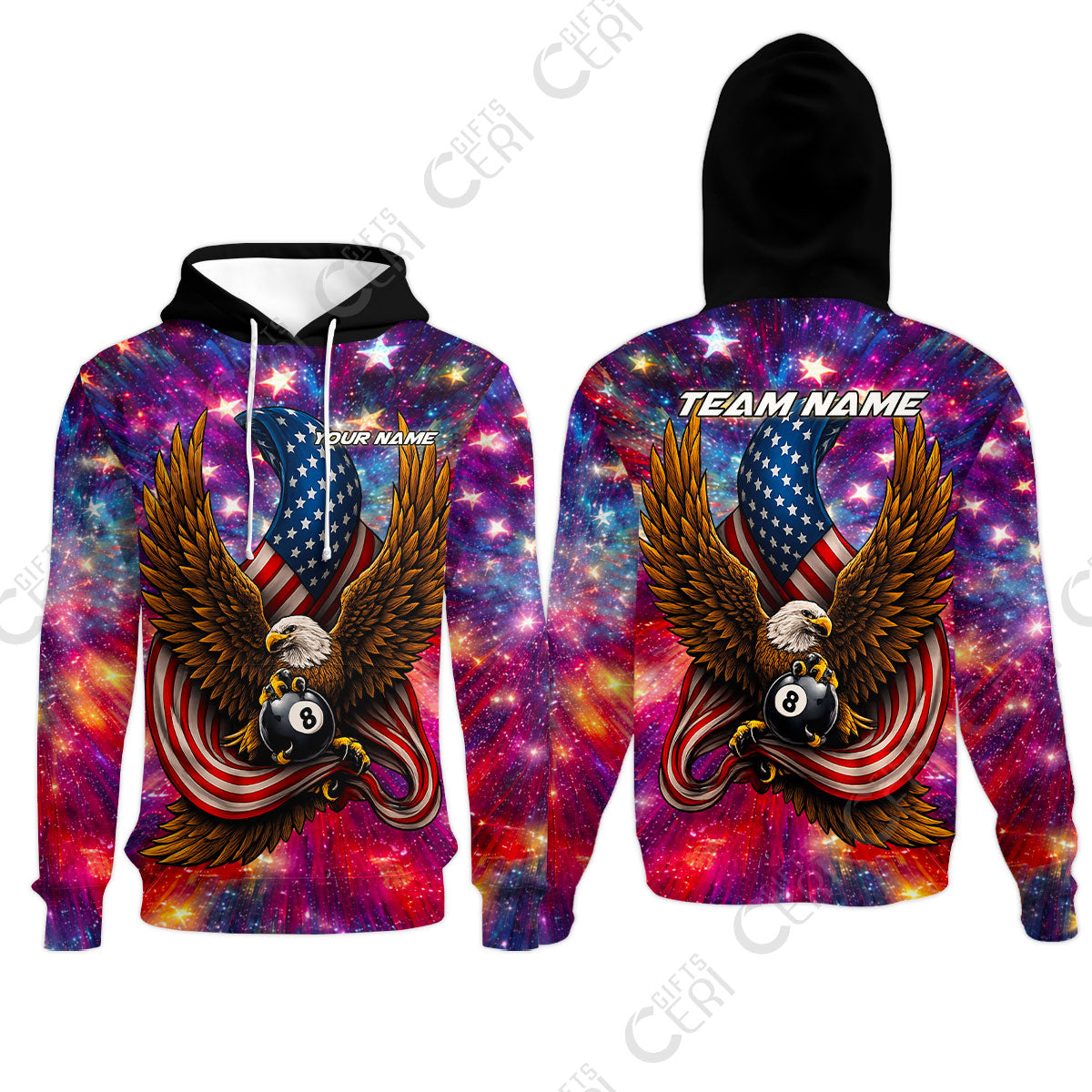 Customized 8 Ball Pool Hoodies, Billiard American Flag Galactic Eagle, Billiards Jerseys