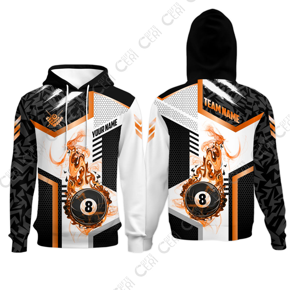 Customized Billiards Hoodies, Flaming 8-Ball Graphic, 8 Ball Pool Jersey