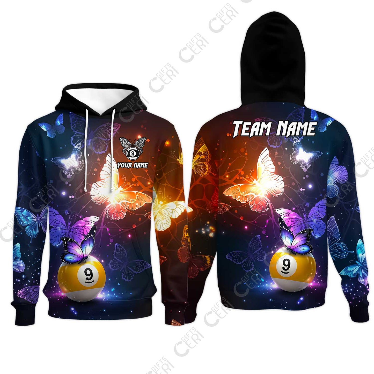 Customized 9 Ball Pool Hoodies, Brush Paint Billiard Butterfly Sparkle 9-Ball, Personalized Billiards Jersey