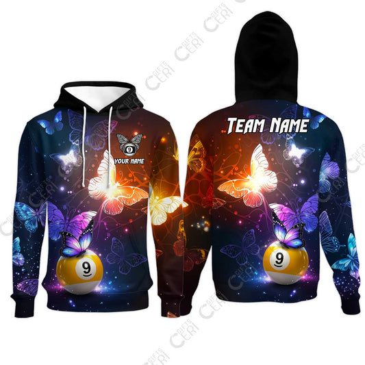 Customized 9 Ball Pool Hoodies, Brush Paint Billiard Butterfly Sparkle 9-Ball, Personalized Billiards Jersey