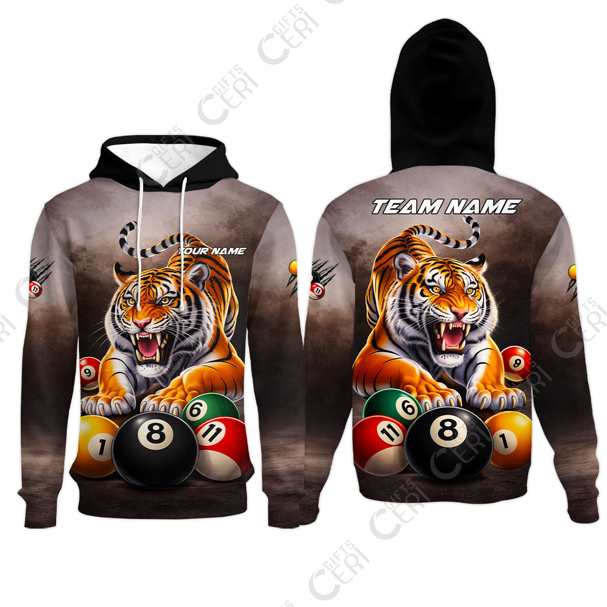 Customized 8 Ball Pool Hoodies, Billiards 8-Ball Colorful Tiger Break, Billiards Jerseys