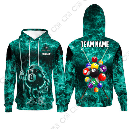 Customized 8 Ball Pool Hoodies, 8-Ball Wearing Cap And Sunglasses Flaming Burn, Billiard Jerseys