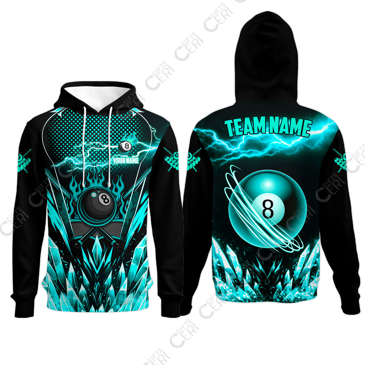 Customized 8 Ball Pool Hoodies, Electric Lightning Crystal, Billiards Jerseys