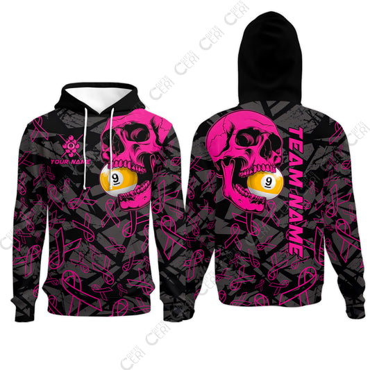 Customized 9 Ball Pool Hoodies, Billiard Pink Skull 9-Ball, Personalized Billiards Jersey