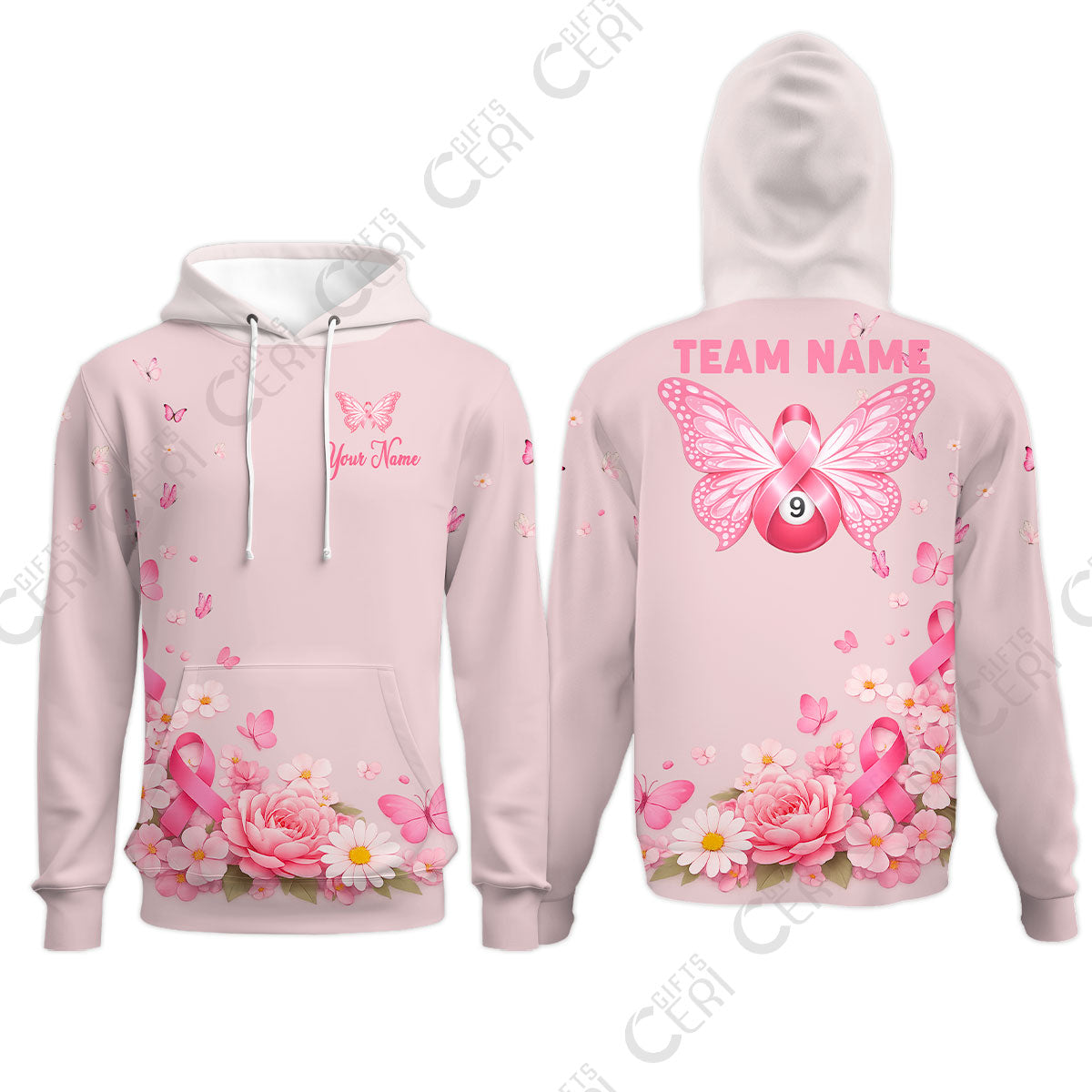 Customized 9 Ball Pool Hoodies, Floral Butterfly Billiards 9-Ball, Personalized Billiards Jersey