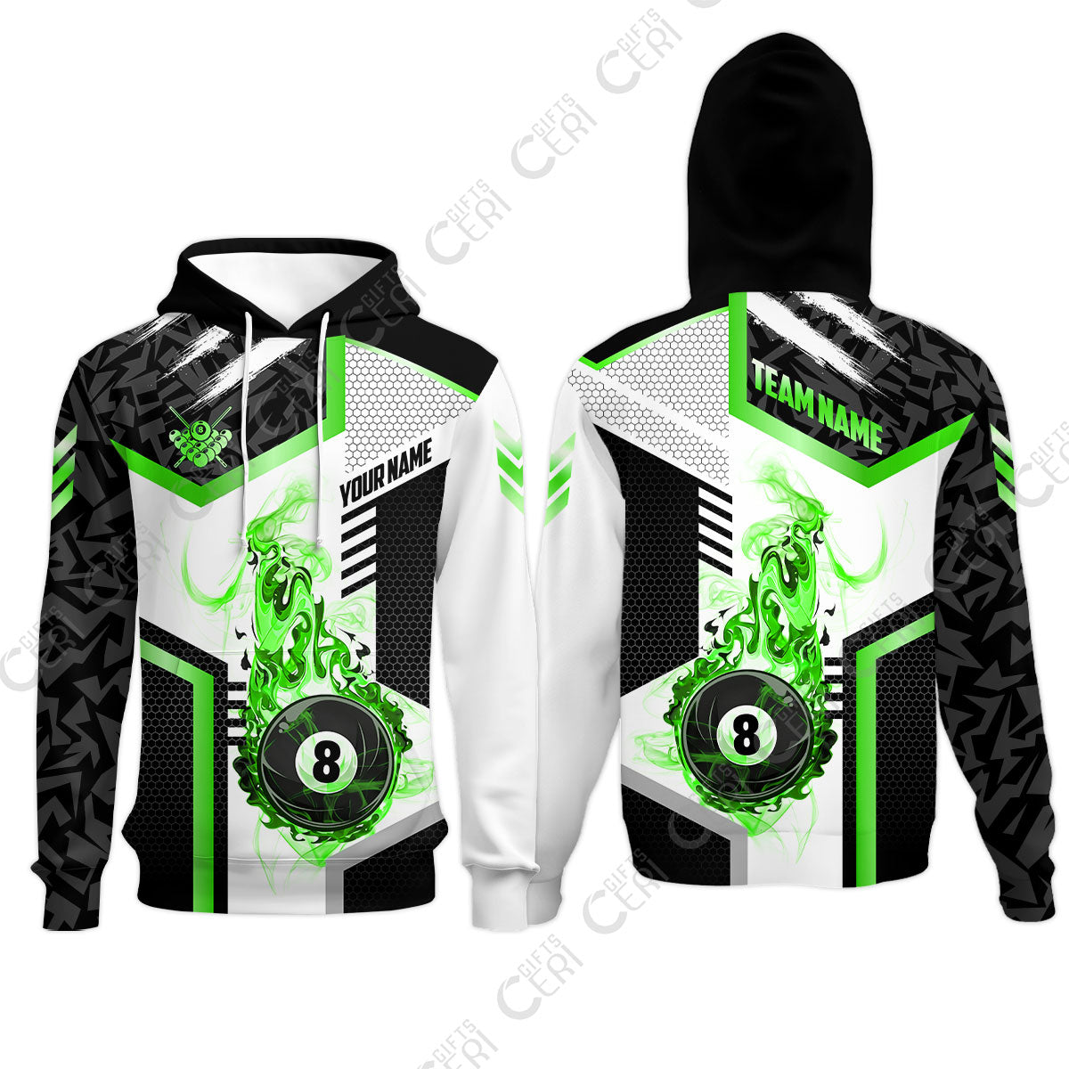 Customized Billiards Hoodies, Flaming 8-Ball Graphic, 8 Ball Pool Jersey