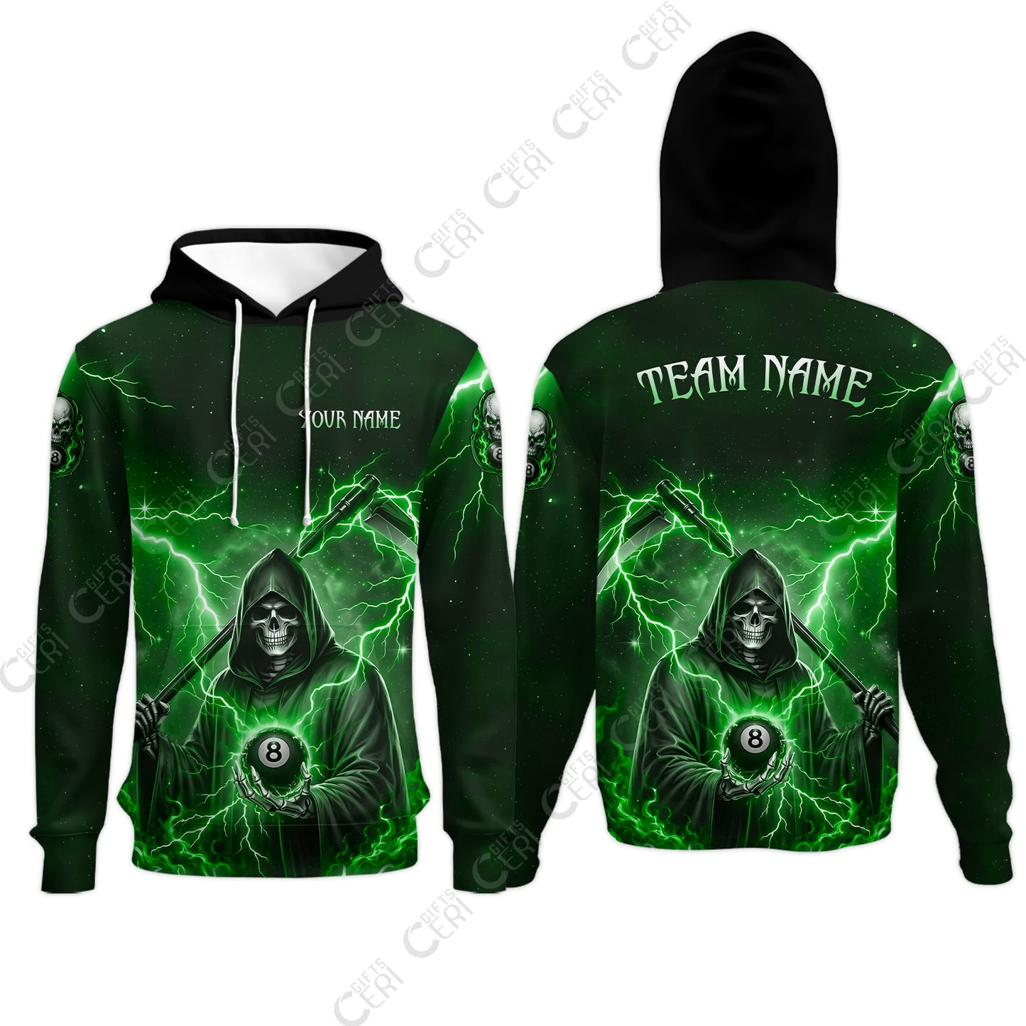 Customized 8 Ball Pool Hoodies, Lightning And Flame Grim Reaper With 8 Ball, Personalized Billiards Jersey