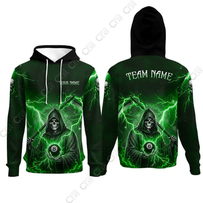 Customized 8 Ball Pool Hoodies, Lightning And Flame Grim Reaper With 8 Ball, Personalized Billiards Jersey