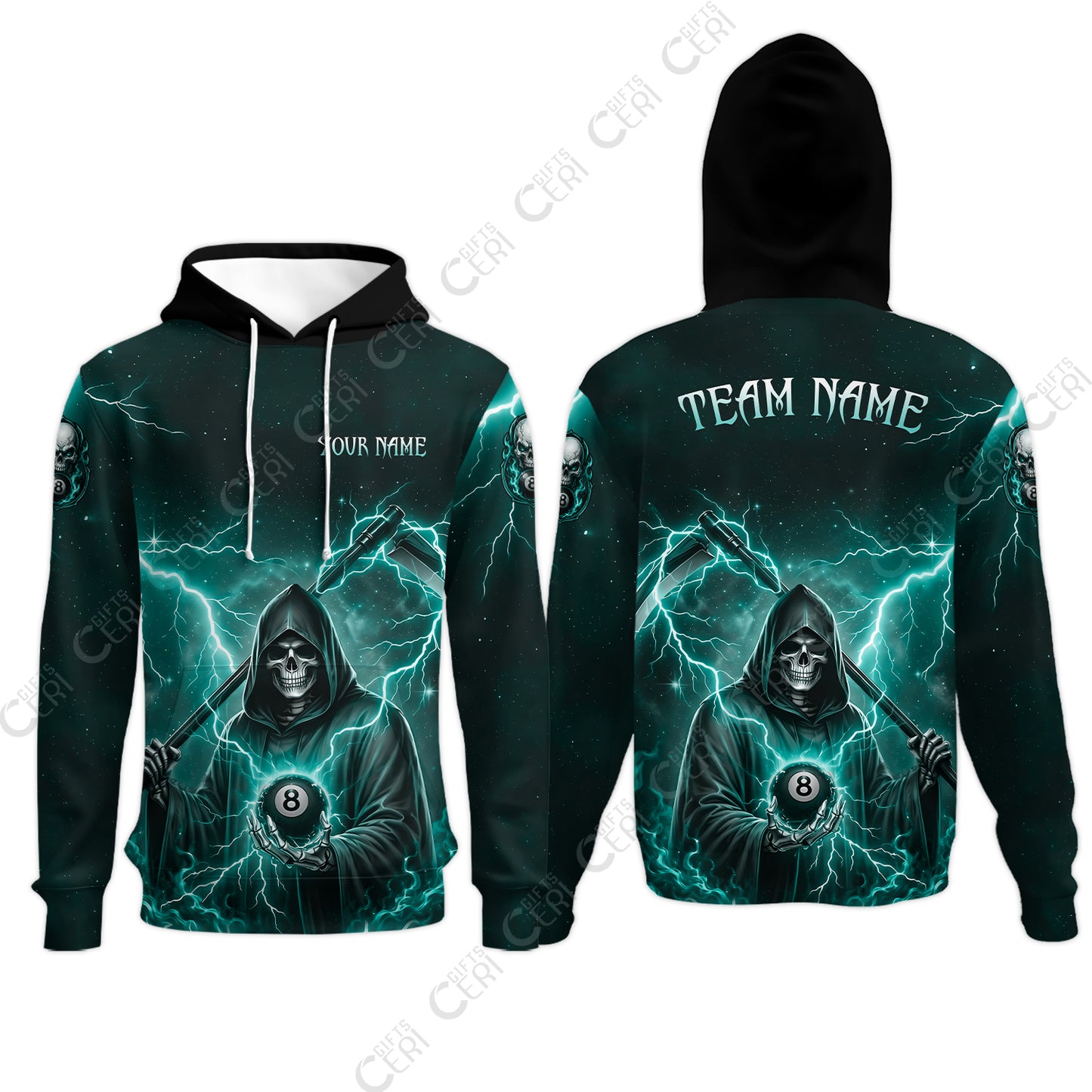 Customized 8 Ball Pool Hoodies, Lightning And Flame Grim Reaper With 8 Ball, Personalized Billiards Jersey