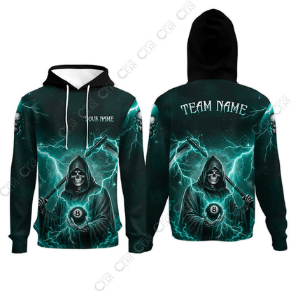 Customized 8 Ball Pool Hoodies, Lightning And Flame Grim Reaper With 8 Ball, Personalized Billiards Jersey