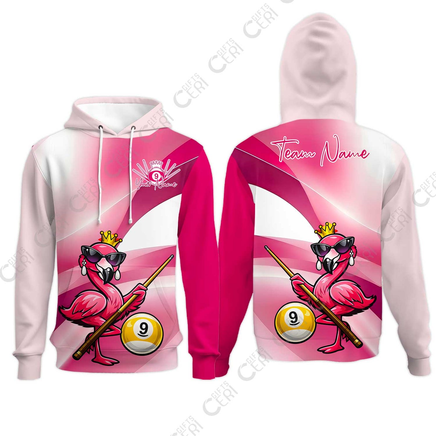 Customized 9 Ball Pool Hoodies, Pink Flamingo Billiards 9-Ball, Personalized Billiards Jersey