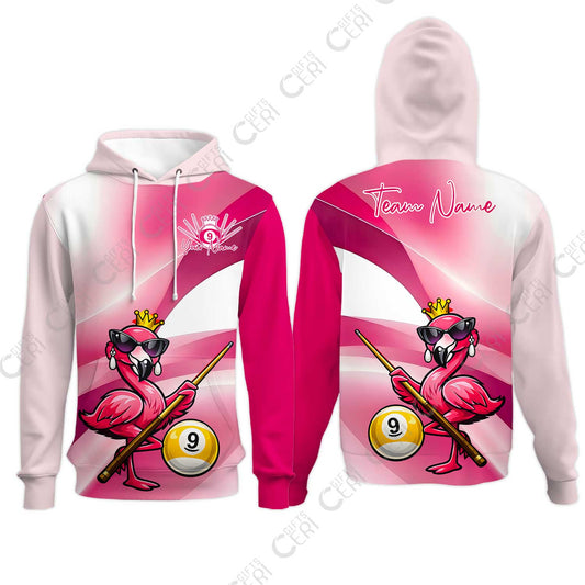Customized 9 Ball Pool Hoodies, Pink Flamingo Billiards 9-Ball, Personalized Billiards Jersey