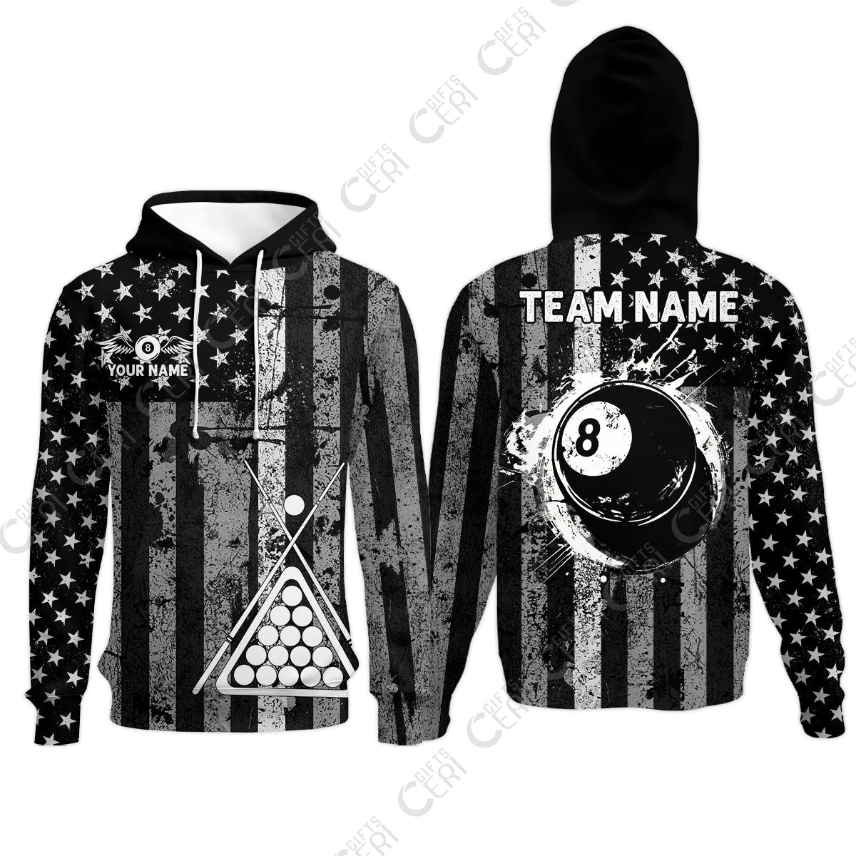 Customized 8 Ball Pool Hoodies, Distressed American Flag Pattern, Billiards Jerseys
