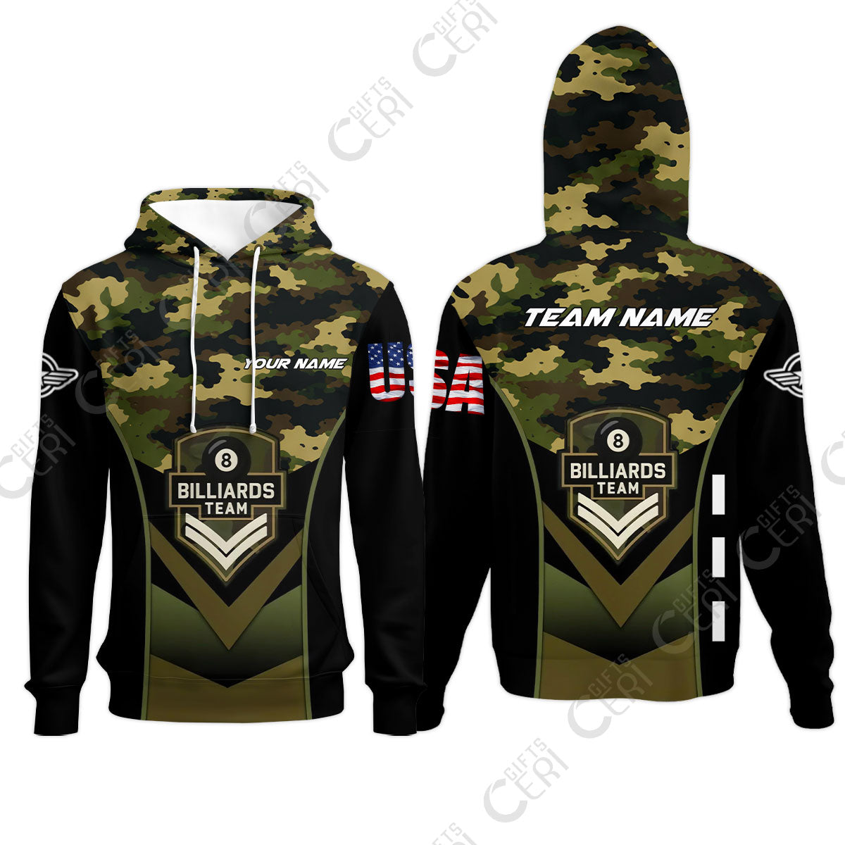 Customized 8 Ball Pool Hoodies, Camo Billiards Elite Billiard 8-Ball, Billiards Jerseys