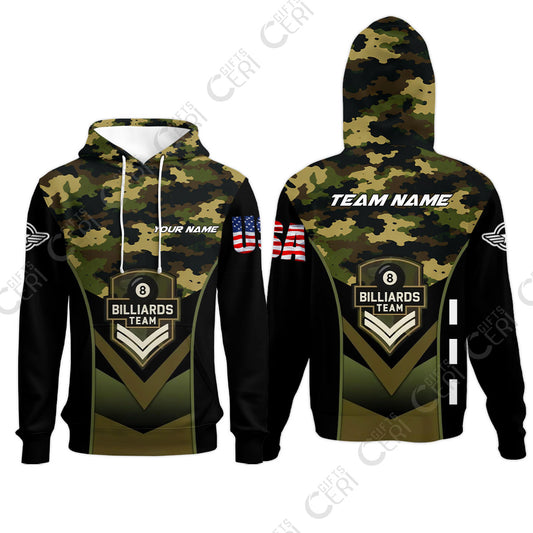 Customized 8 Ball Pool Hoodies, Camo Billiards Elite Billiard 8-Ball, Billiards Jerseys