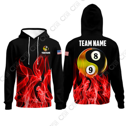 Customized Billiard Hoodies, Billiard 8-Ball And 9-Ball Yin-Yang Flame, Billiard Jerseys
