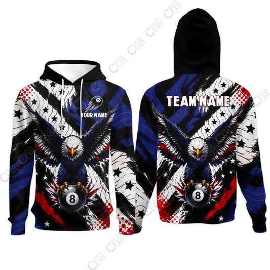 Customized 8 Ball Pool Hoodies, Eagle Holding Ball American Flag 8-ball, Personalized Billiards Jersey