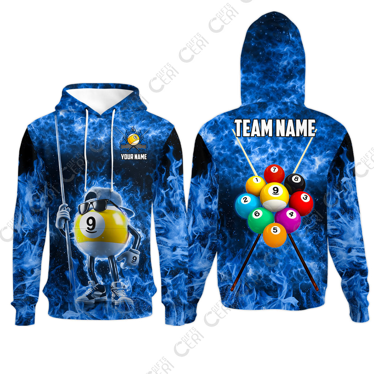 Customized 9 Ball Pool Hoodies, 9-Ball Wearing Cap And Sunglasses Flaming Burn, Billiard Jerseys