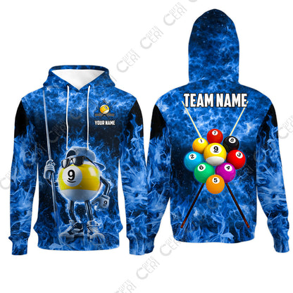 Customized 9 Ball Pool Hoodies, 9-Ball Wearing Cap And Sunglasses Flaming Burn, Billiard Jerseys
