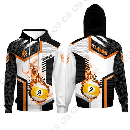 Customized 9 Ball Pool Hoodies, Flaming 9-Ball Graphic, Billiards Jersey