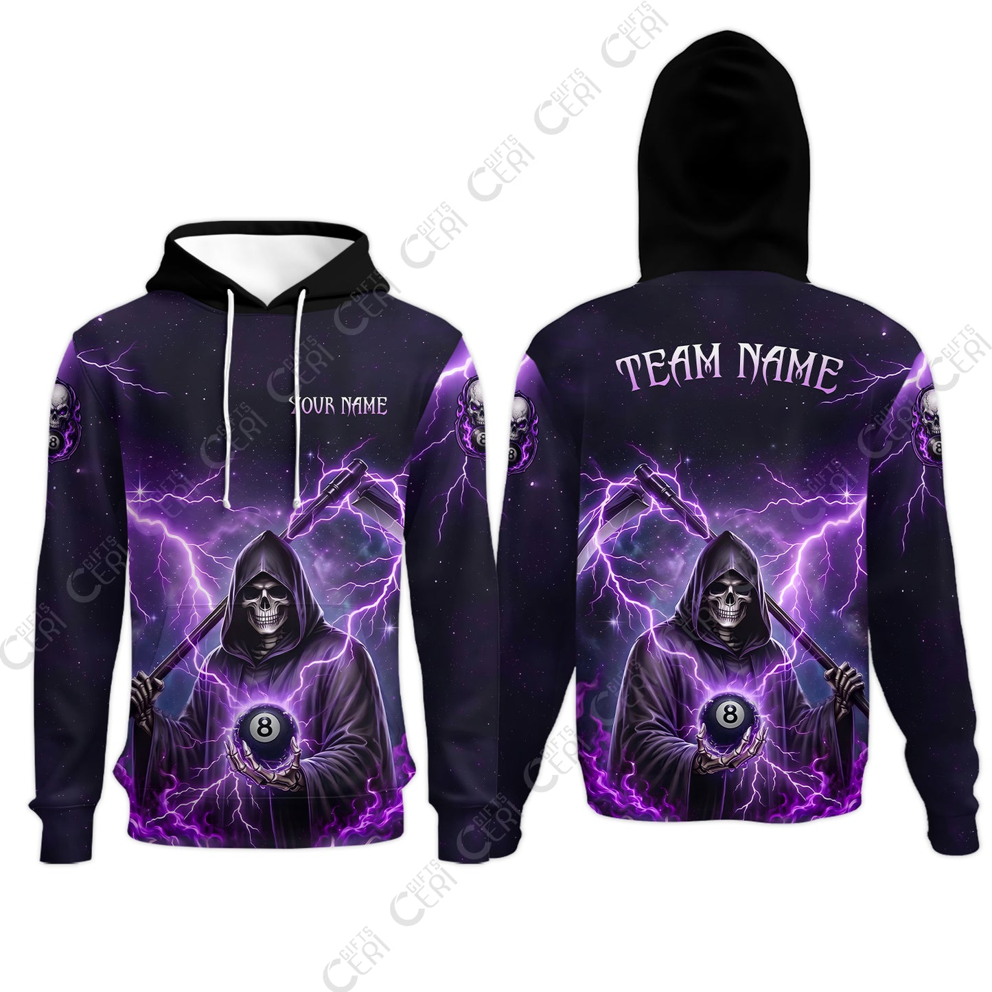 Customized 8 Ball Pool Hoodies, Lightning And Flame Grim Reaper With 8 Ball, Personalized Billiards Jersey