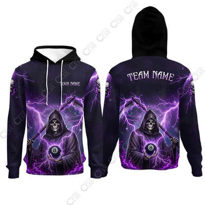 Customized 8 Ball Pool Hoodies, Lightning And Flame Grim Reaper With 8 Ball, Personalized Billiards Jersey