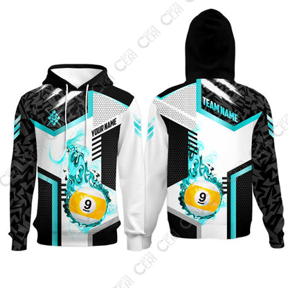 Customized 9 Ball Pool Hoodies, Flaming 9-Ball Graphic, Billiards Jersey
