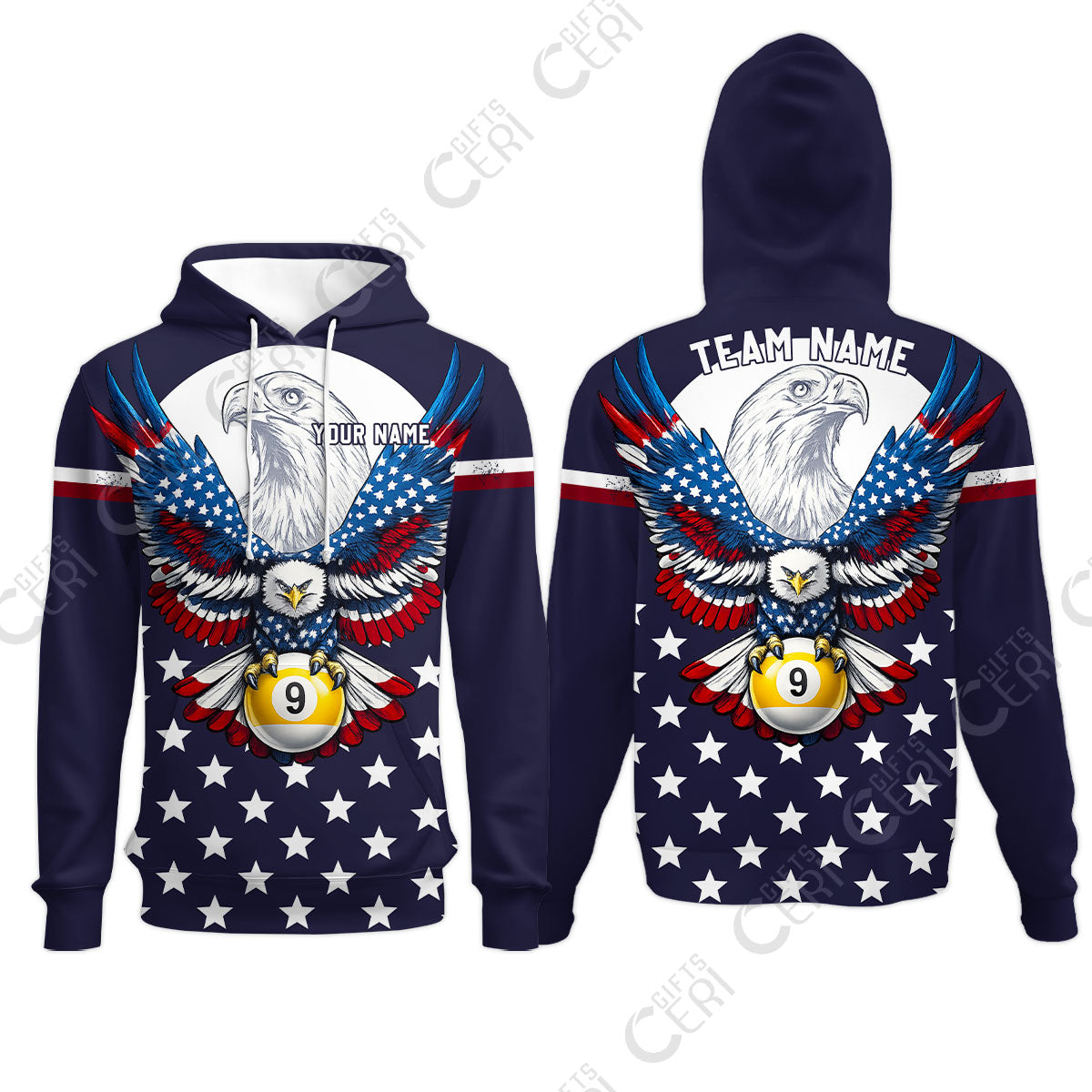 Customized 9 Ball Pool Hoodies, American Eagle Billiards 9-Ball, Personalized Billiards Jersey