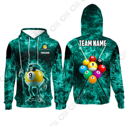 Customized 9 Ball Pool Hoodies, 9-Ball Wearing Cap And Sunglasses Flaming Burn, Billiard Jerseys