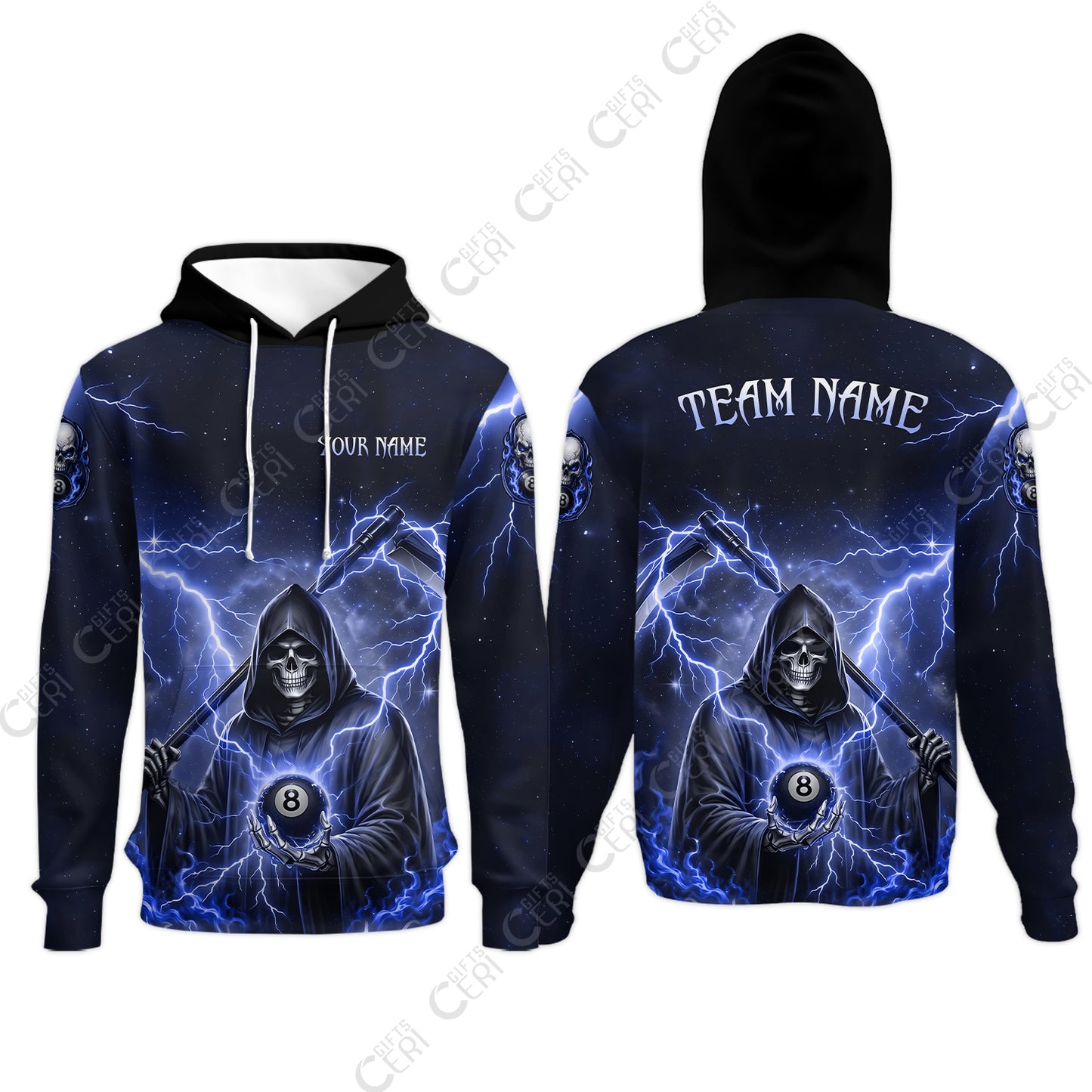 Customized 8 Ball Pool Hoodies, Lightning And Flame Grim Reaper With 8 Ball, Personalized Billiards Jersey