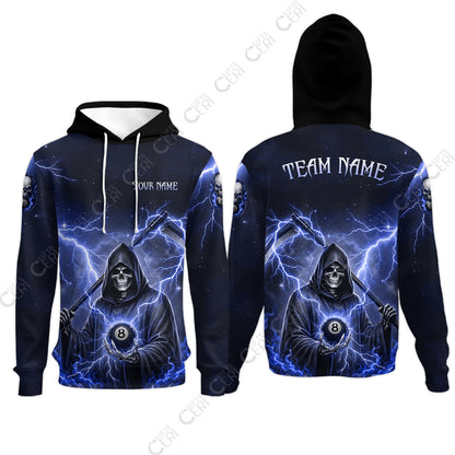 Customized 8 Ball Pool Hoodies, Lightning And Flame Grim Reaper With 8 Ball, Personalized Billiards Jersey