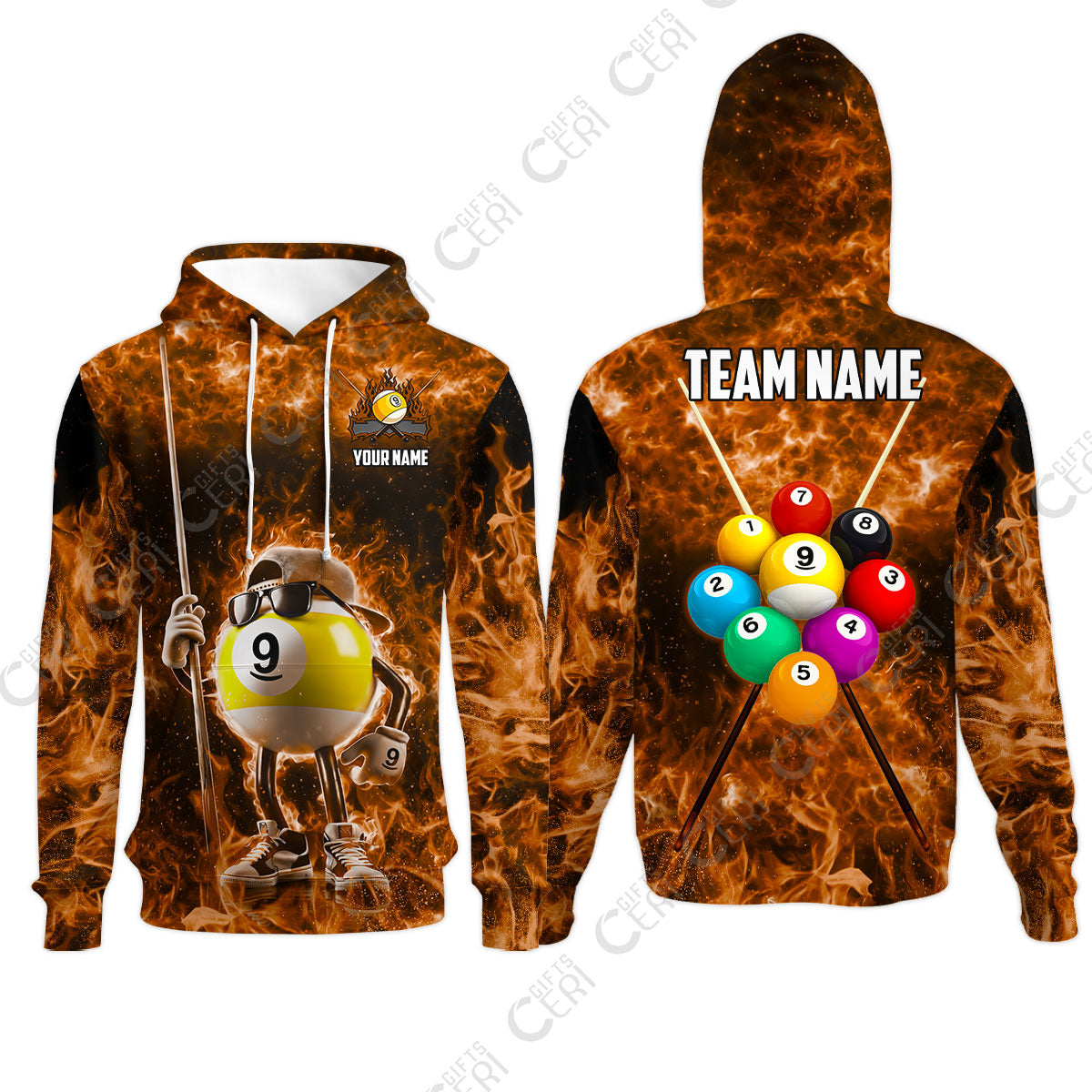 Customized 9 Ball Pool Hoodies, 9-Ball Wearing Cap And Sunglasses Flaming Burn, Billiard Jerseys